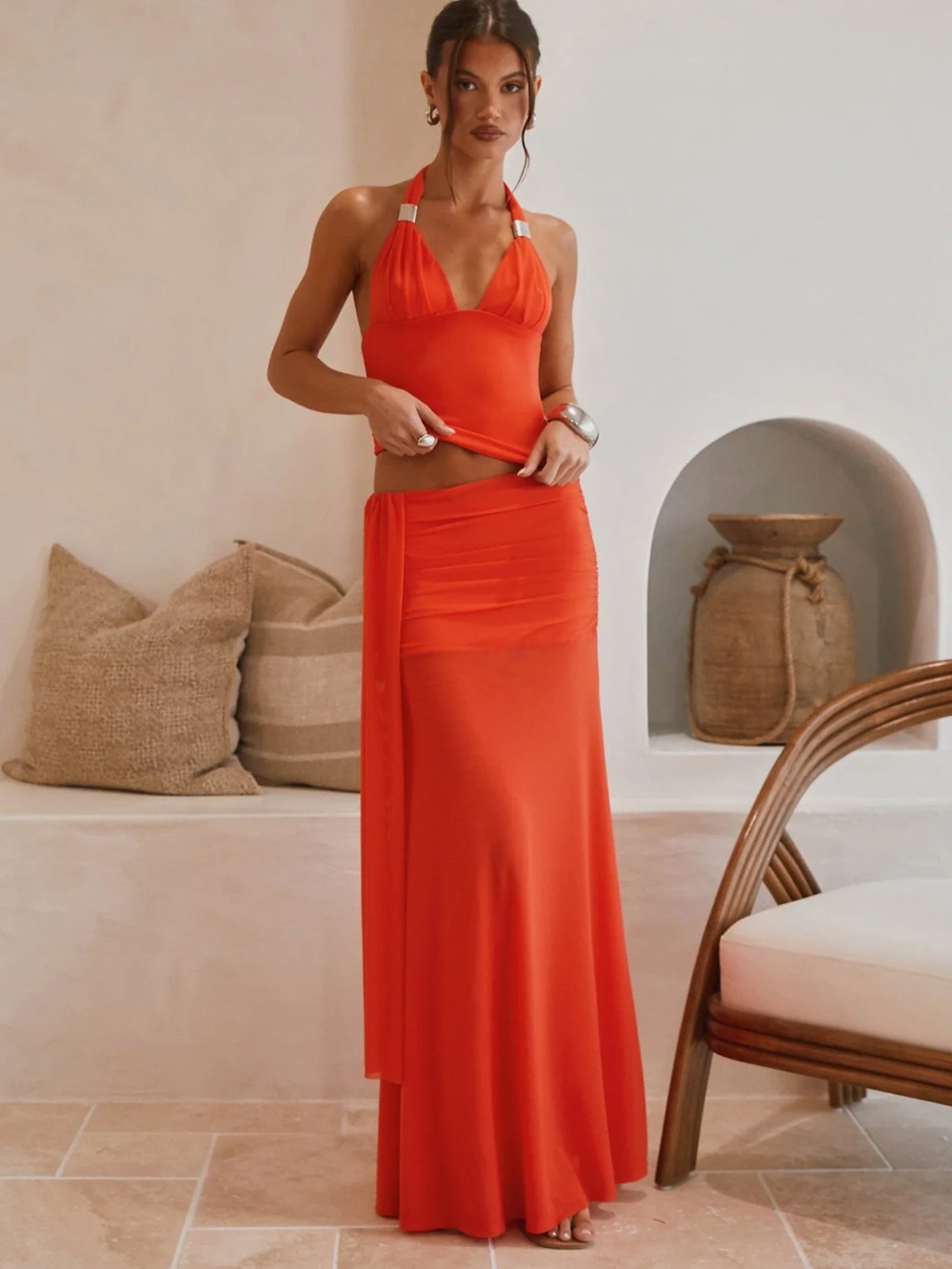 Women’s Orange Halter Top & Maxi Skirt